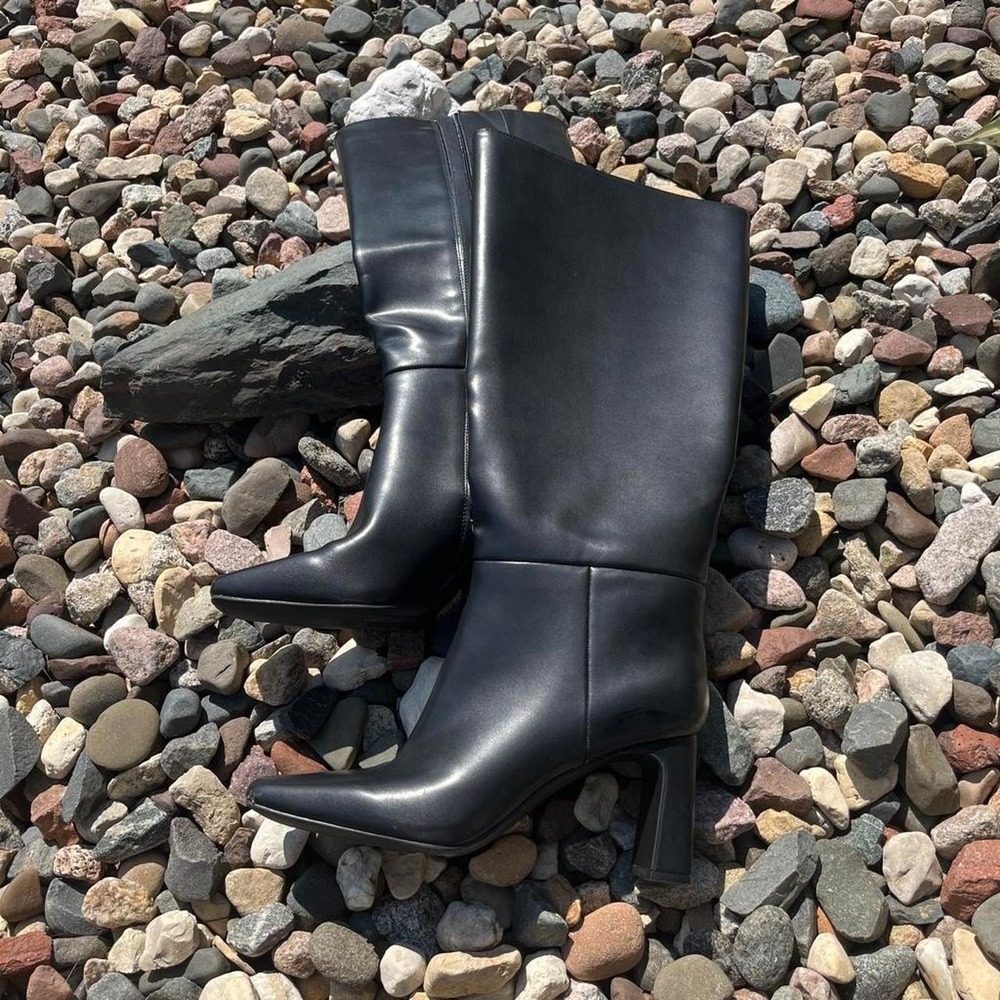 INC Black leather knee-high boots with pointed toe and block heel